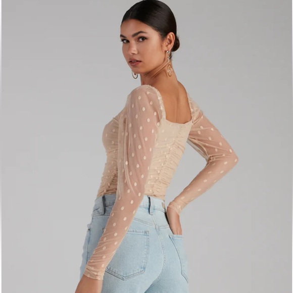 Windsor bodysuit. Mesh sleeves with polka dots. Beige. Never worn. No tags. - Picture 2 of 8